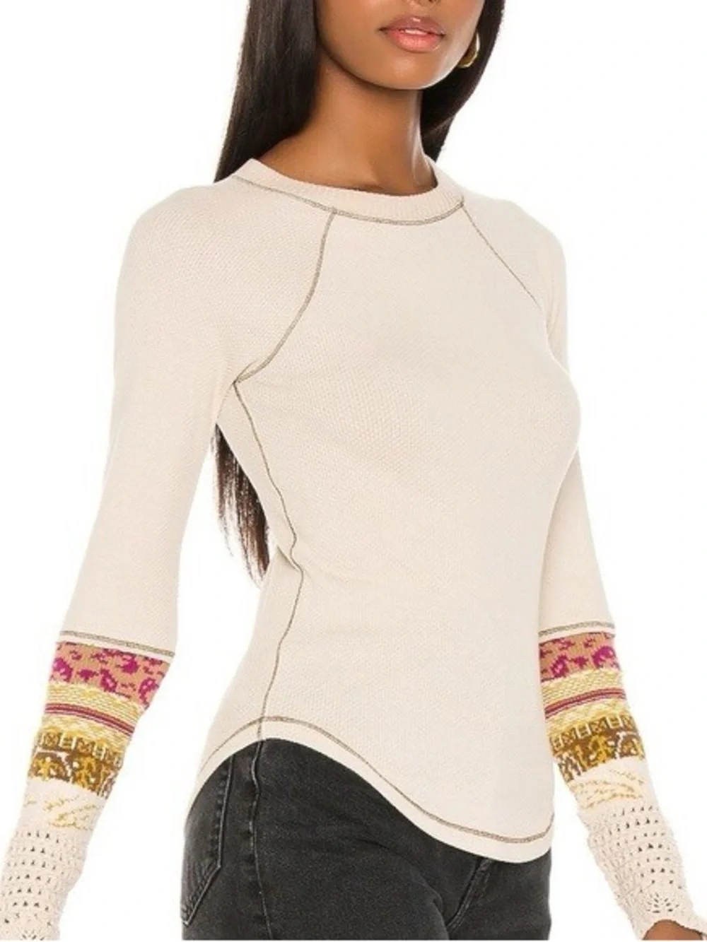 NFS Free People In The Mix Cuff Thermal Top Cream Linen Combo Knit Sz Small